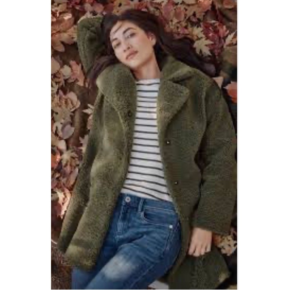 J.Jill oversized, notch-lapel teddy coat deep olive faux-sherpa fleece Sz XL